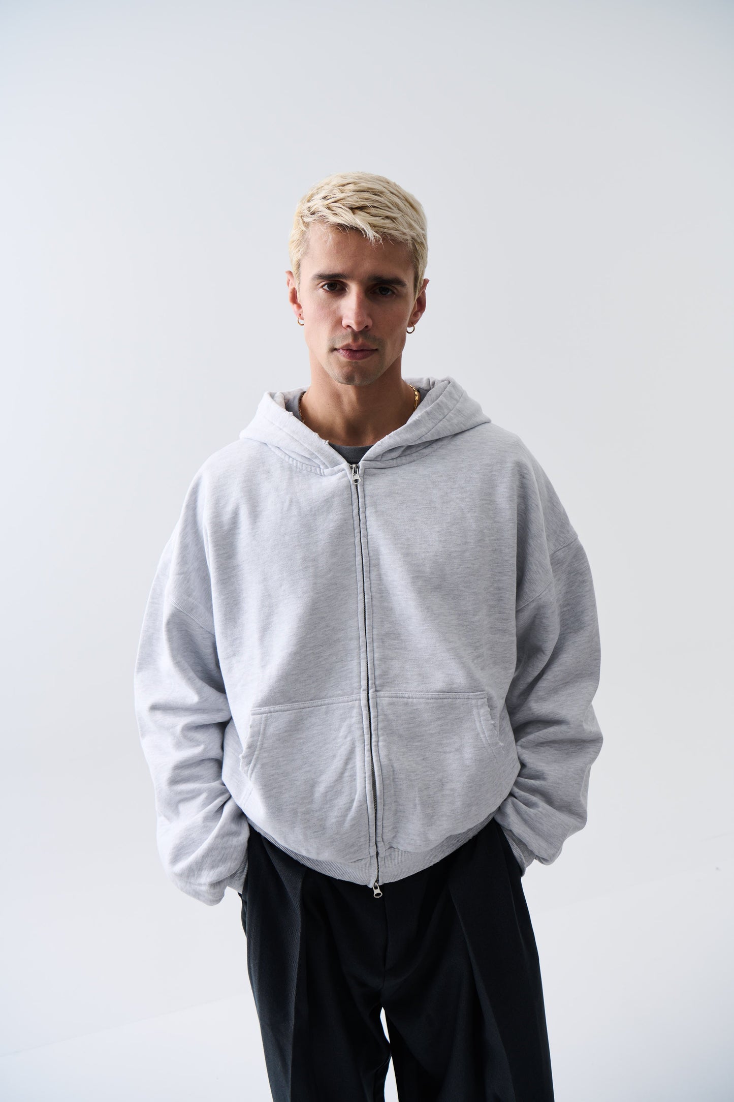 Heavyweight Lined Zip Up Hood Grey