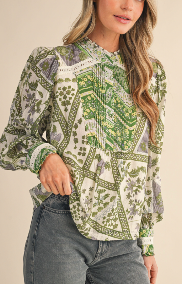 (SALE) Prim & Proper Patchwork Blouse (Olive Green)