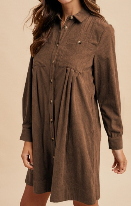 (SALE) Corduroy Shirt Dress (Mocha)