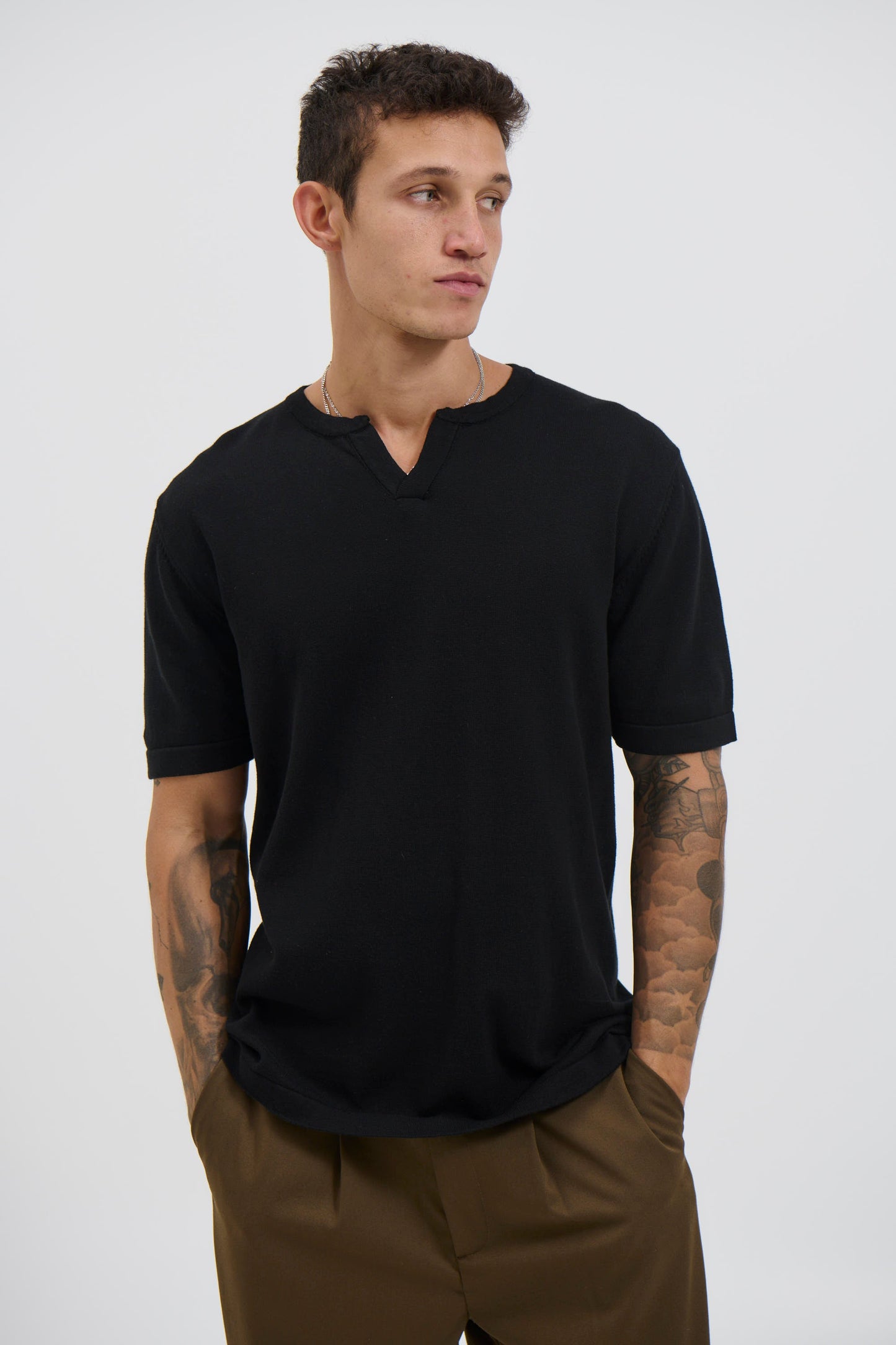 Knitted Split Neck Tee Black - FINAL SALE