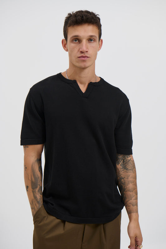 Knitted Split Neck Tee Black - FINAL SALE
