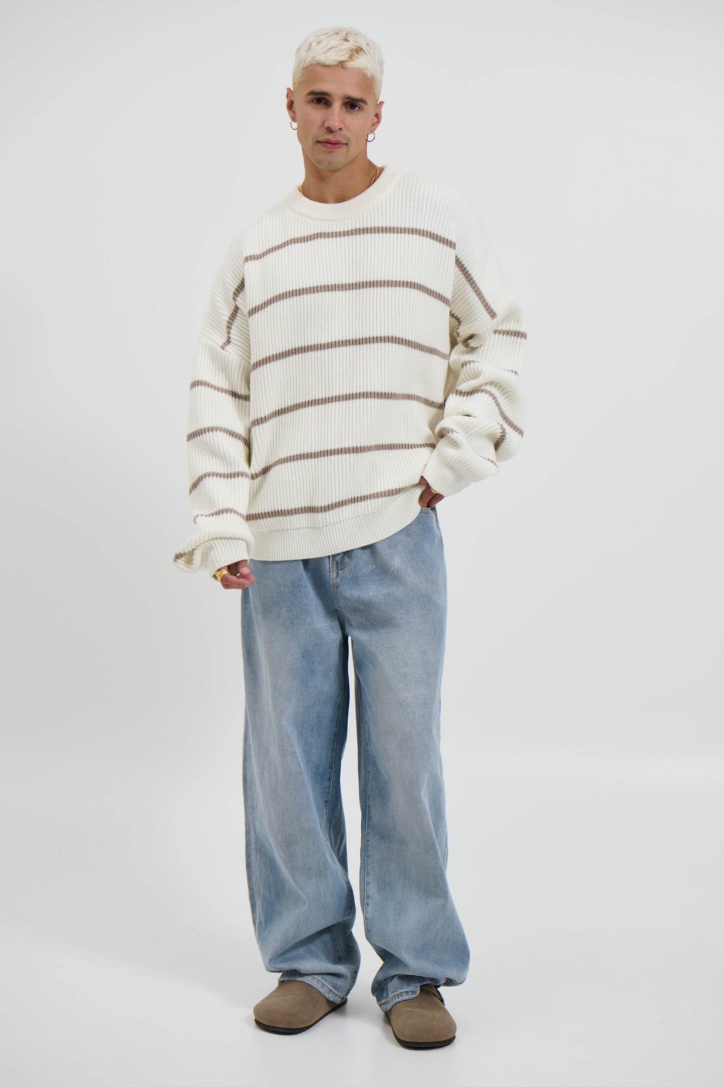 Drop Sleeve Heavy Knit White Stripe - FINAL SALE