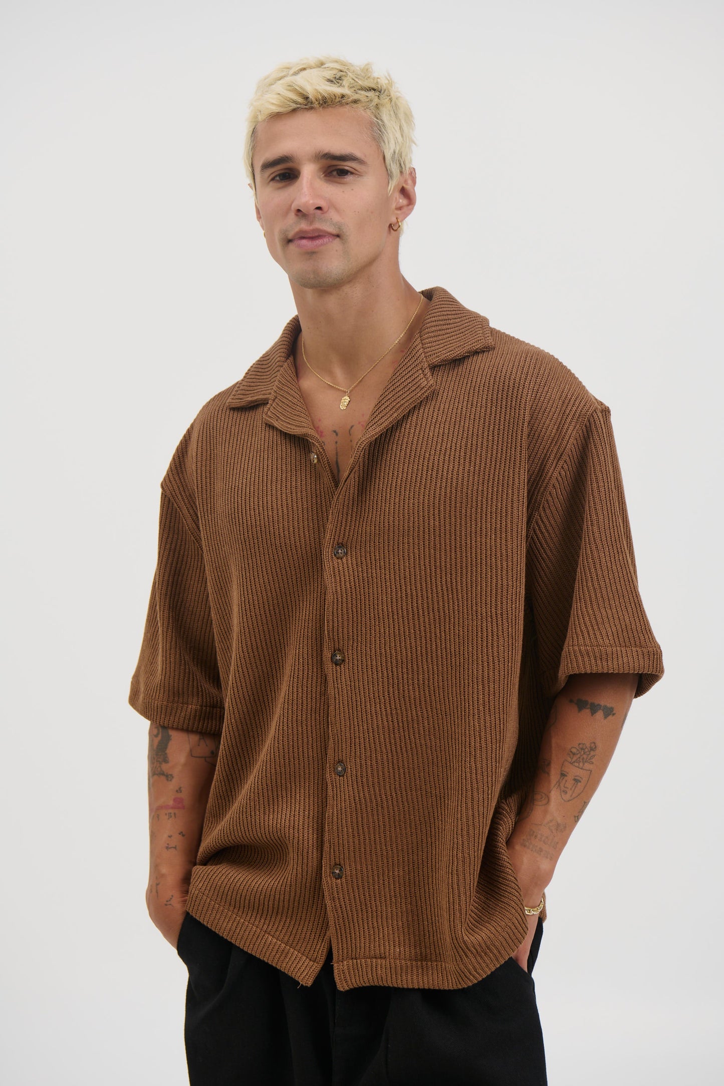 Chad Knitted Shirt Choc - FINAL SALE
