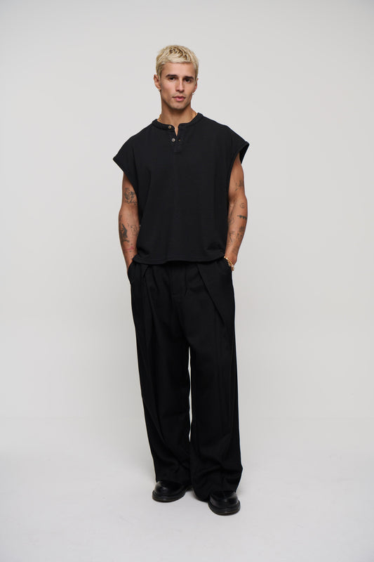 Fleece Crop Henley Tank Black