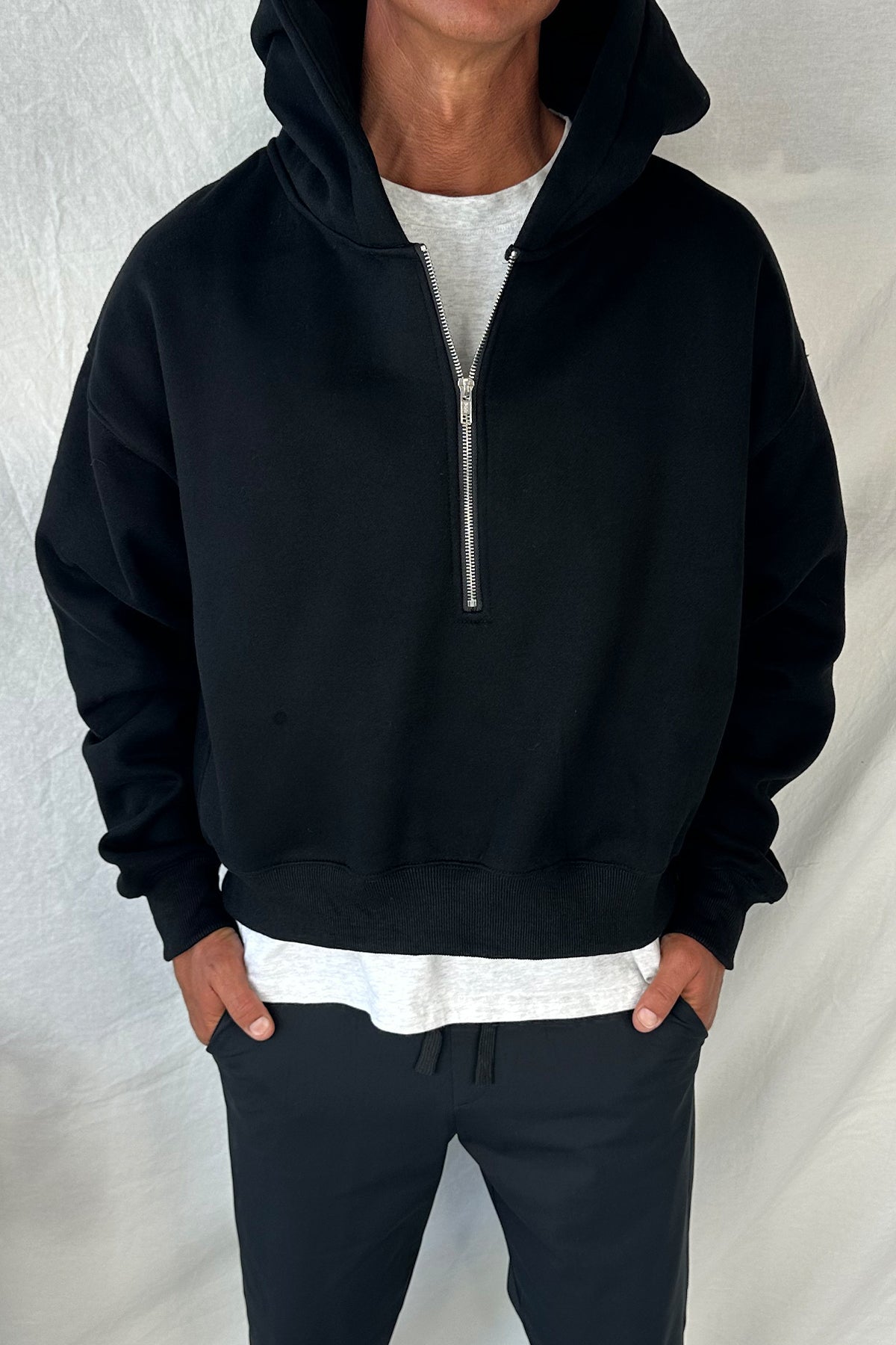 Half Zip Heavyweight Hood Black - FINAL SALE