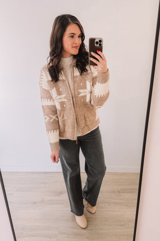 (SALE) Fair Isle Zipper Sweater Jacket (Latte)