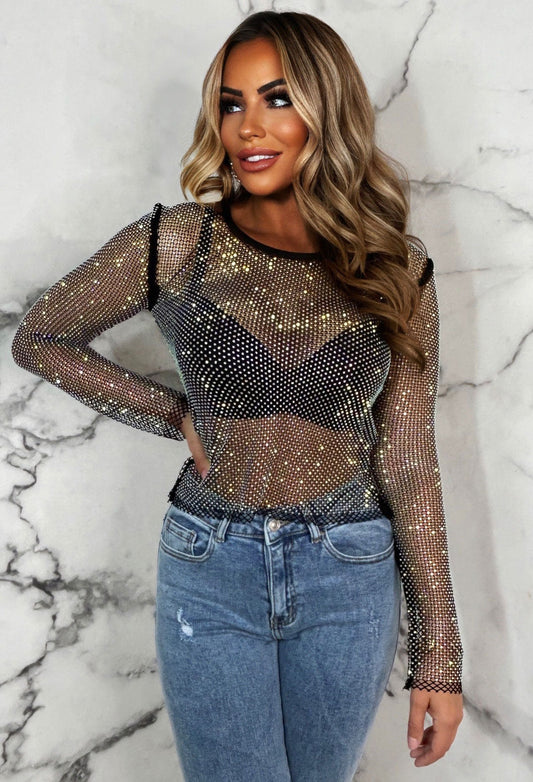 Flawless Diamond Black Diamante Long Sleeve Top