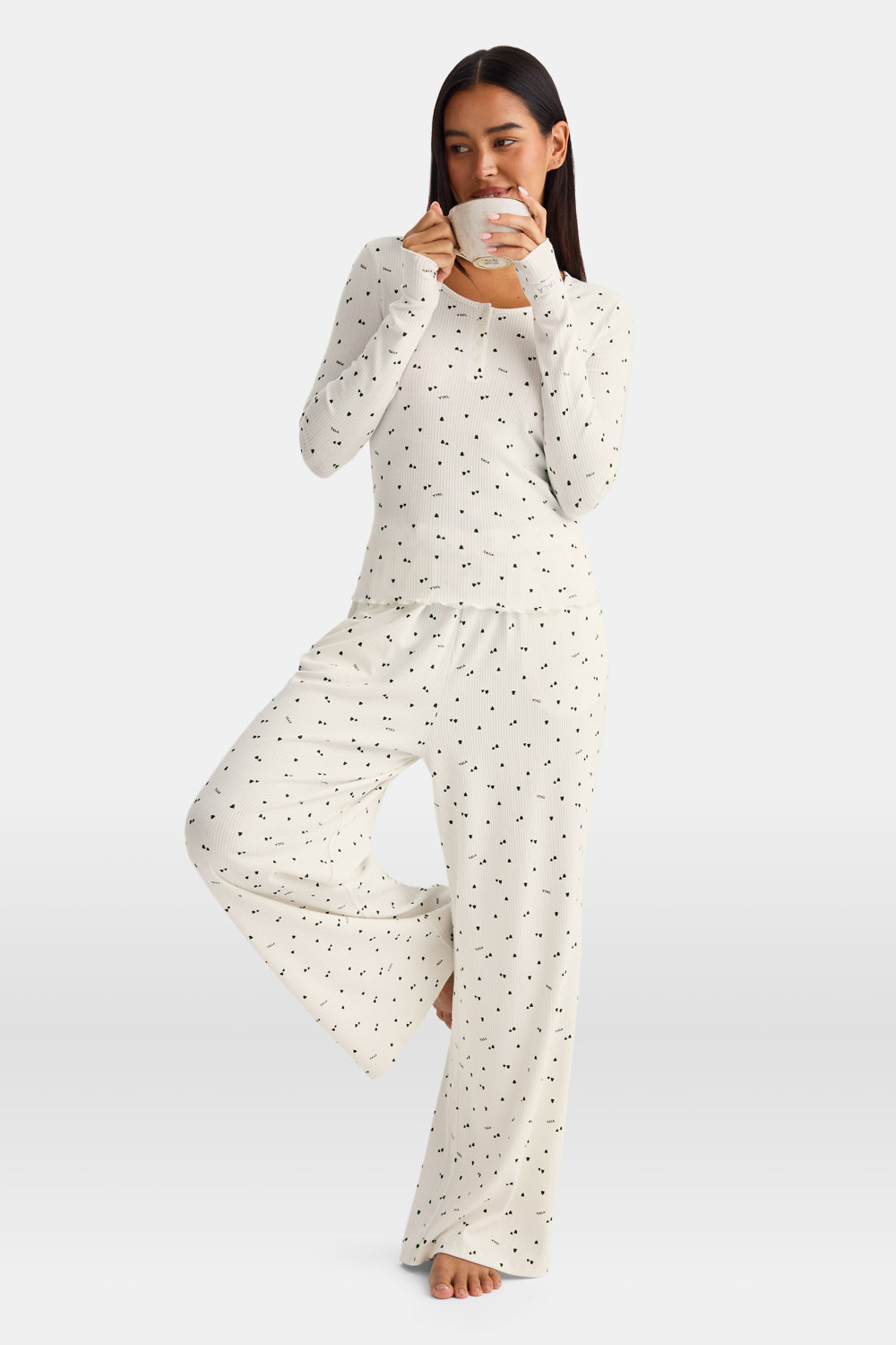 Henley Pyjama Top - Ivory Forest Print
