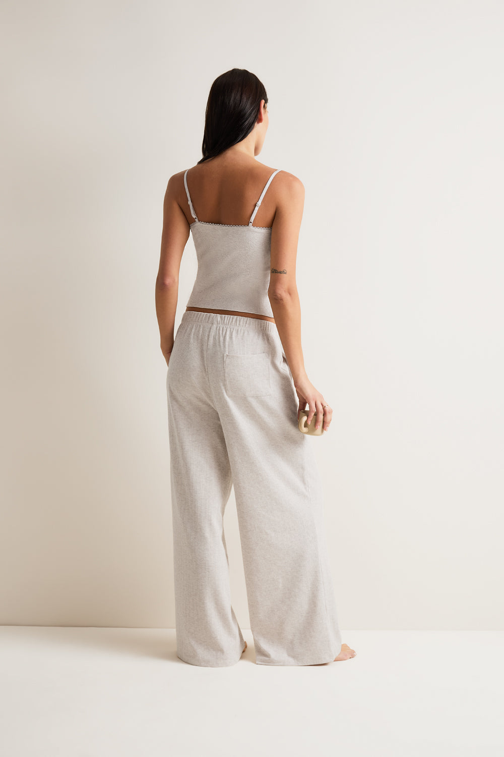 High-Rise Wide Leg Pyjama Bottoms - Oat Marl