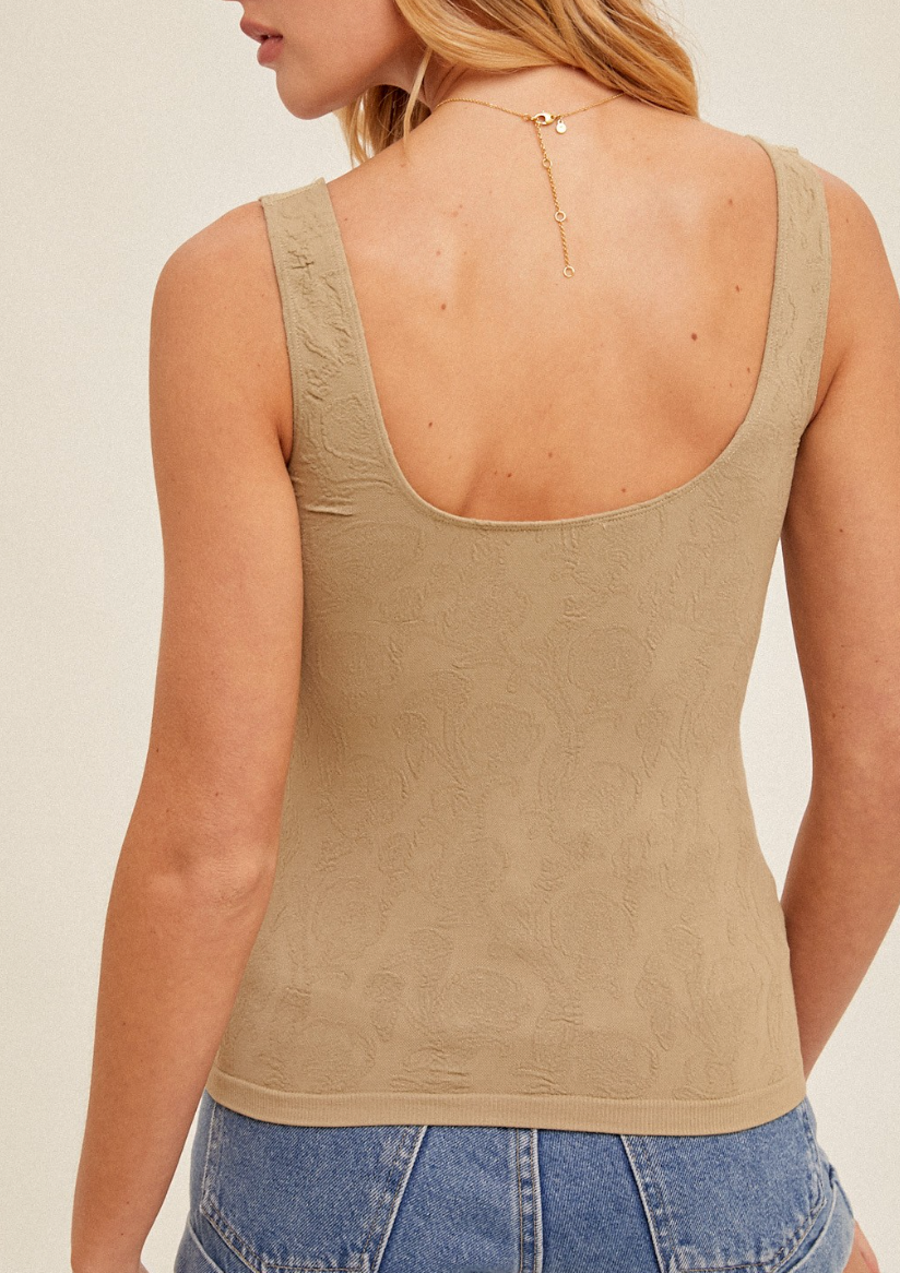 Scoop Neck Floral Jacquard Tank (Taupe)