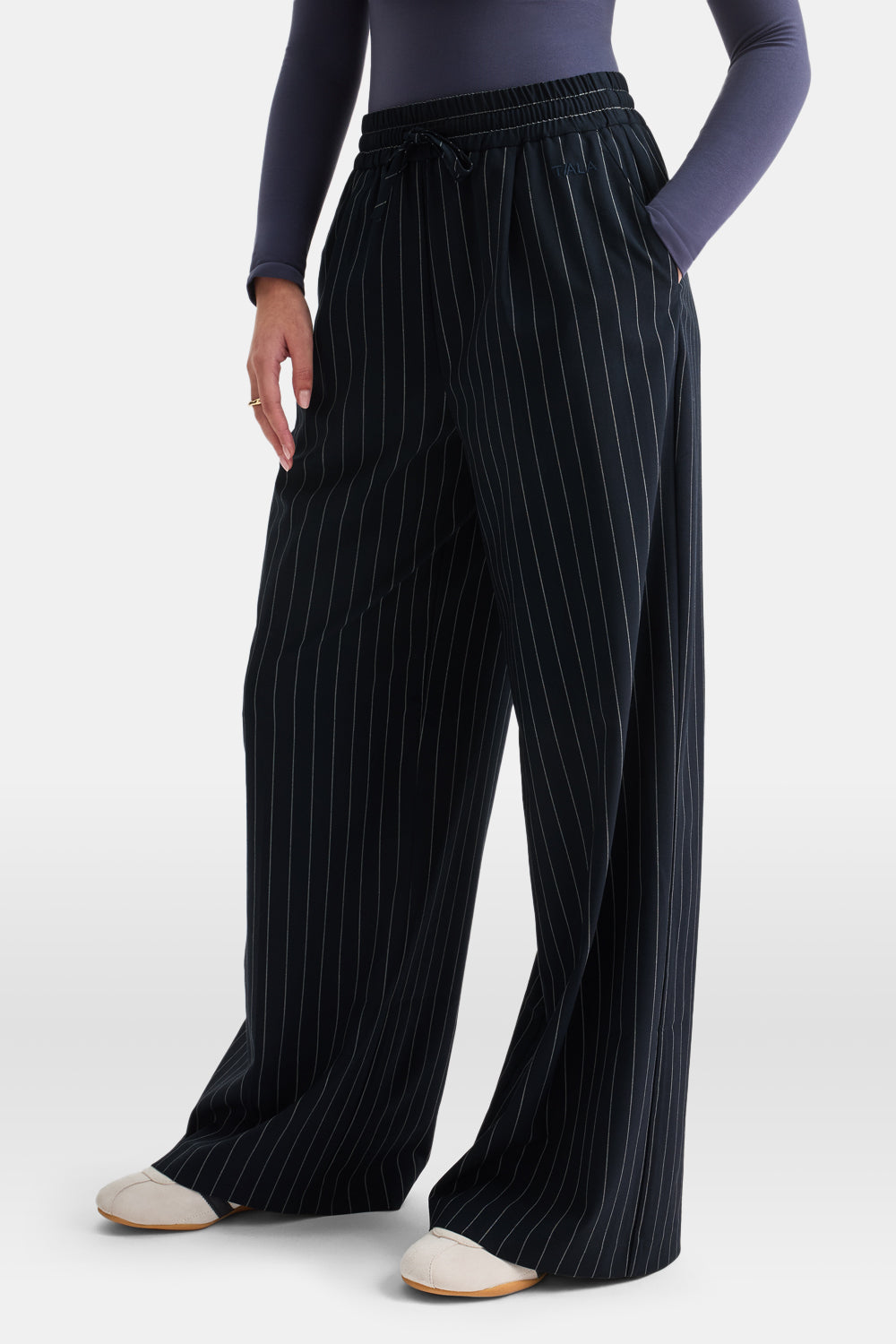 Drawstring Wide Leg Trousers - Navy Stripe