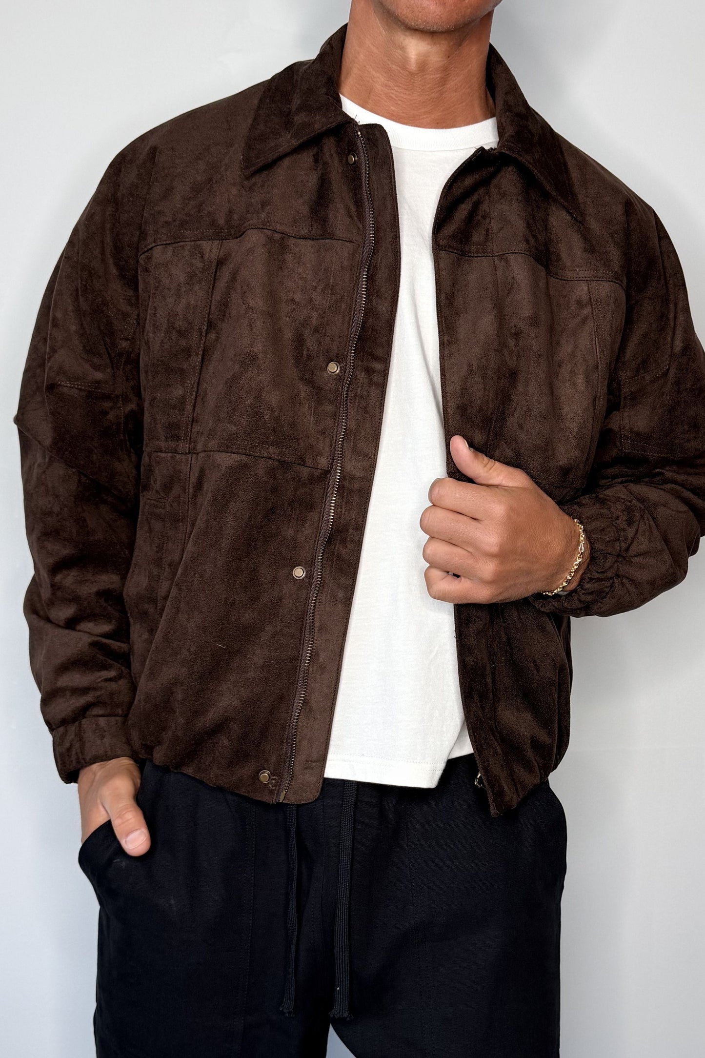 Faux Suede Bomber Jacket Choc