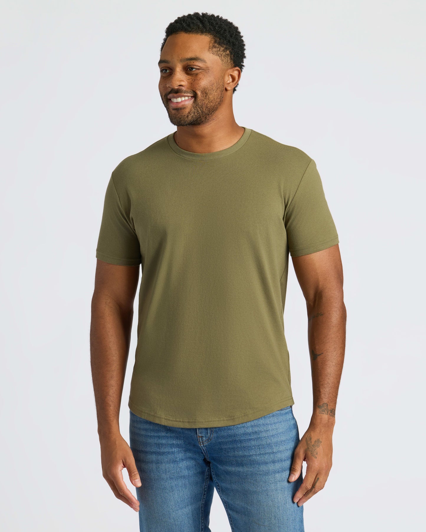 Military Green Curved Hem Classic Crew Neck