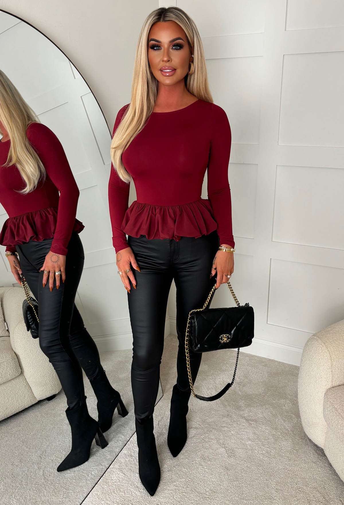 Hold Me Close Burgundy Puffball Stretch Top